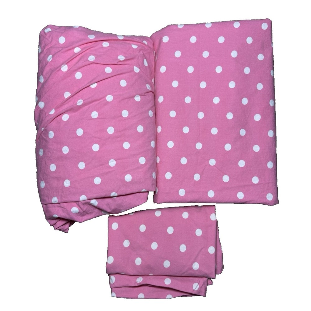 Pottery Barn Sheet Set TWIN XL 3pc  Pink Polka Dot Flat Fitted Dottie